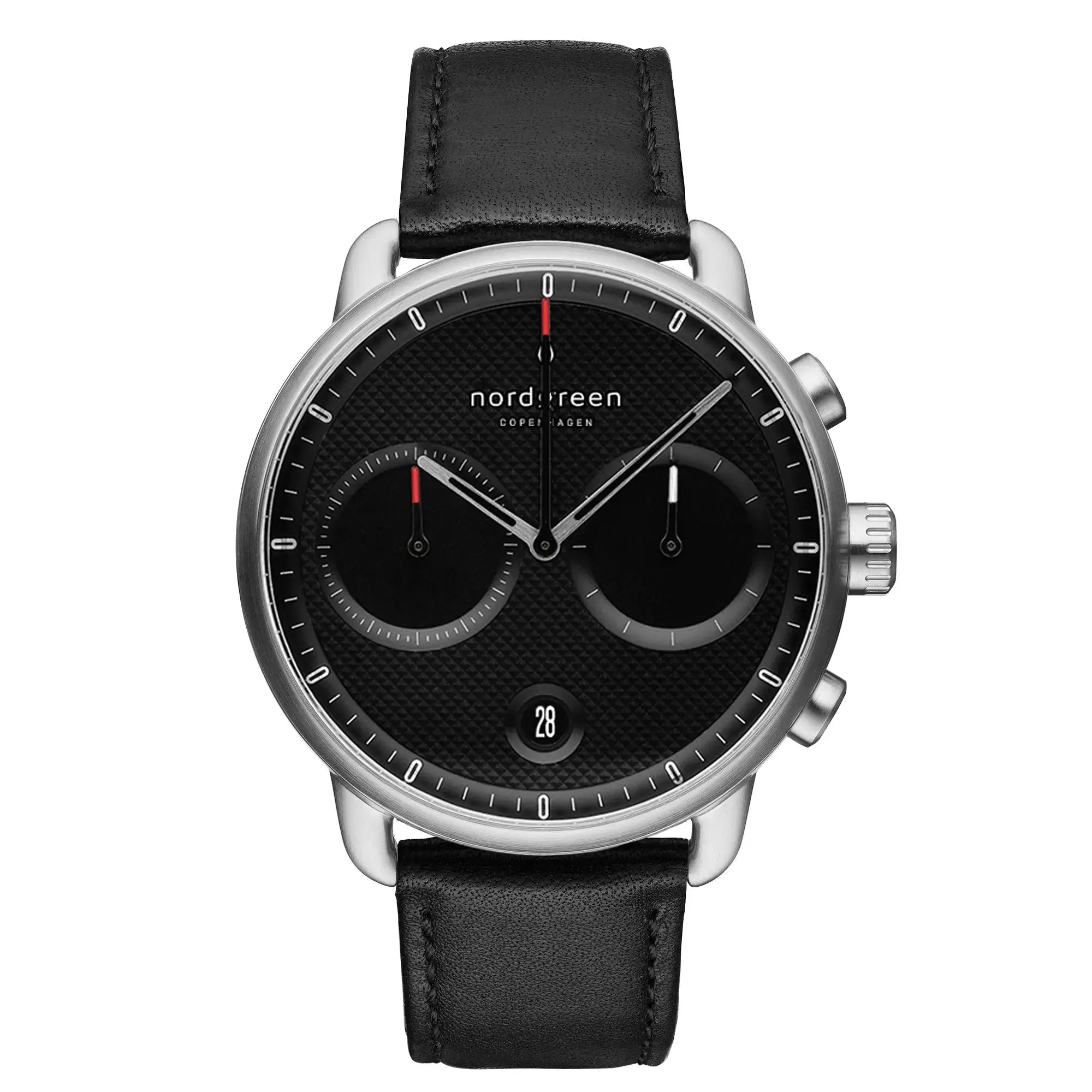 Pioneer Textured Black Dial with Black Leather Strap fra Nordgreen