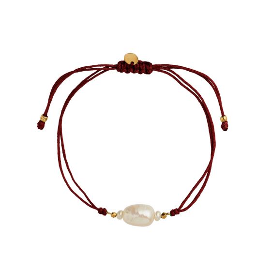 Baroque Pearl Berrie Bracelet Bordoux Ribbon - Forgyldt