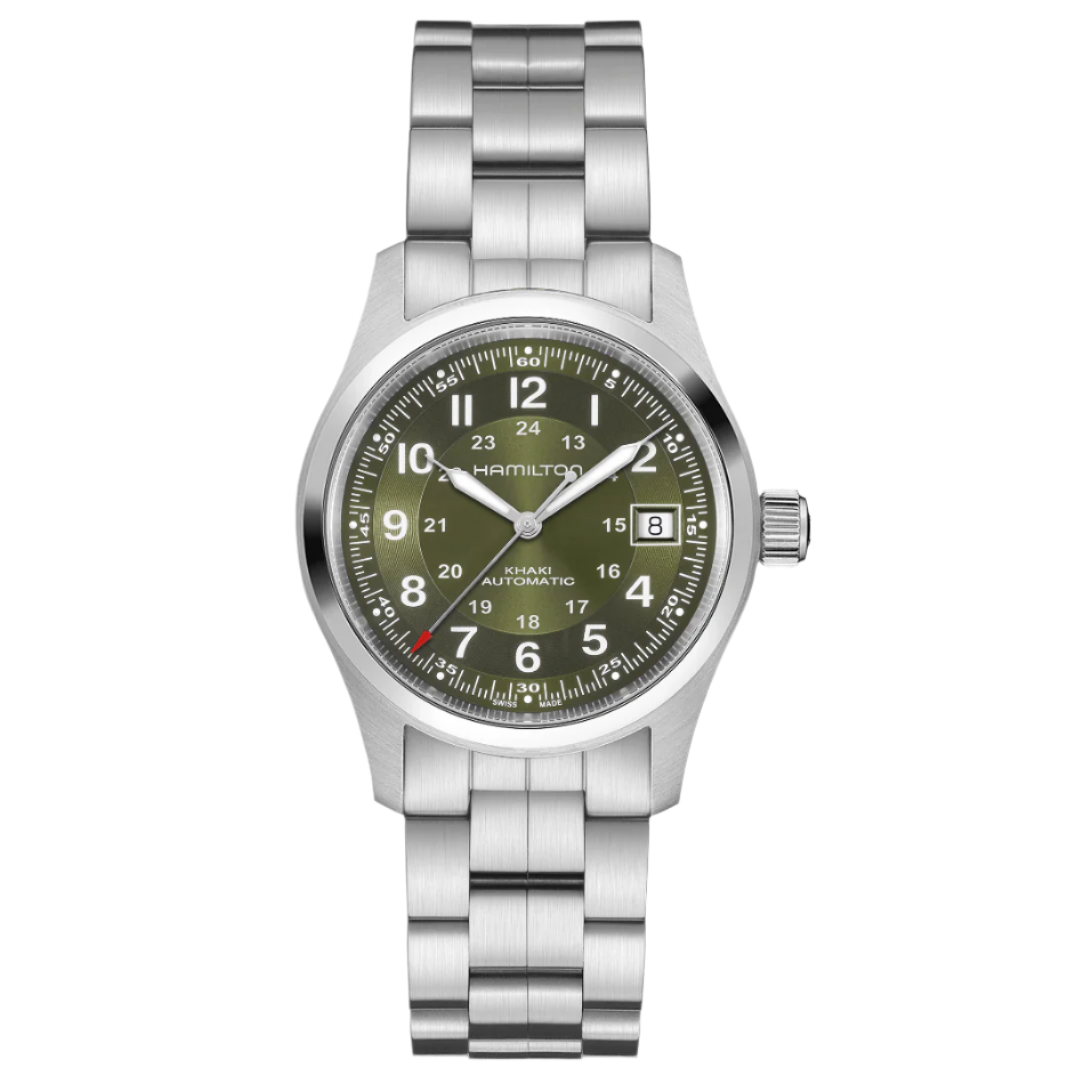 Hamilton Khaki Field Automatic H70455160 med grøn skive og stålrem, perfekt til outdoor-eventyr.
