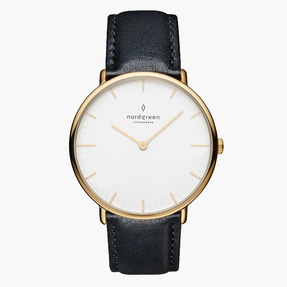 NativeR // 28mm // Gold // Black Leather // White Dial