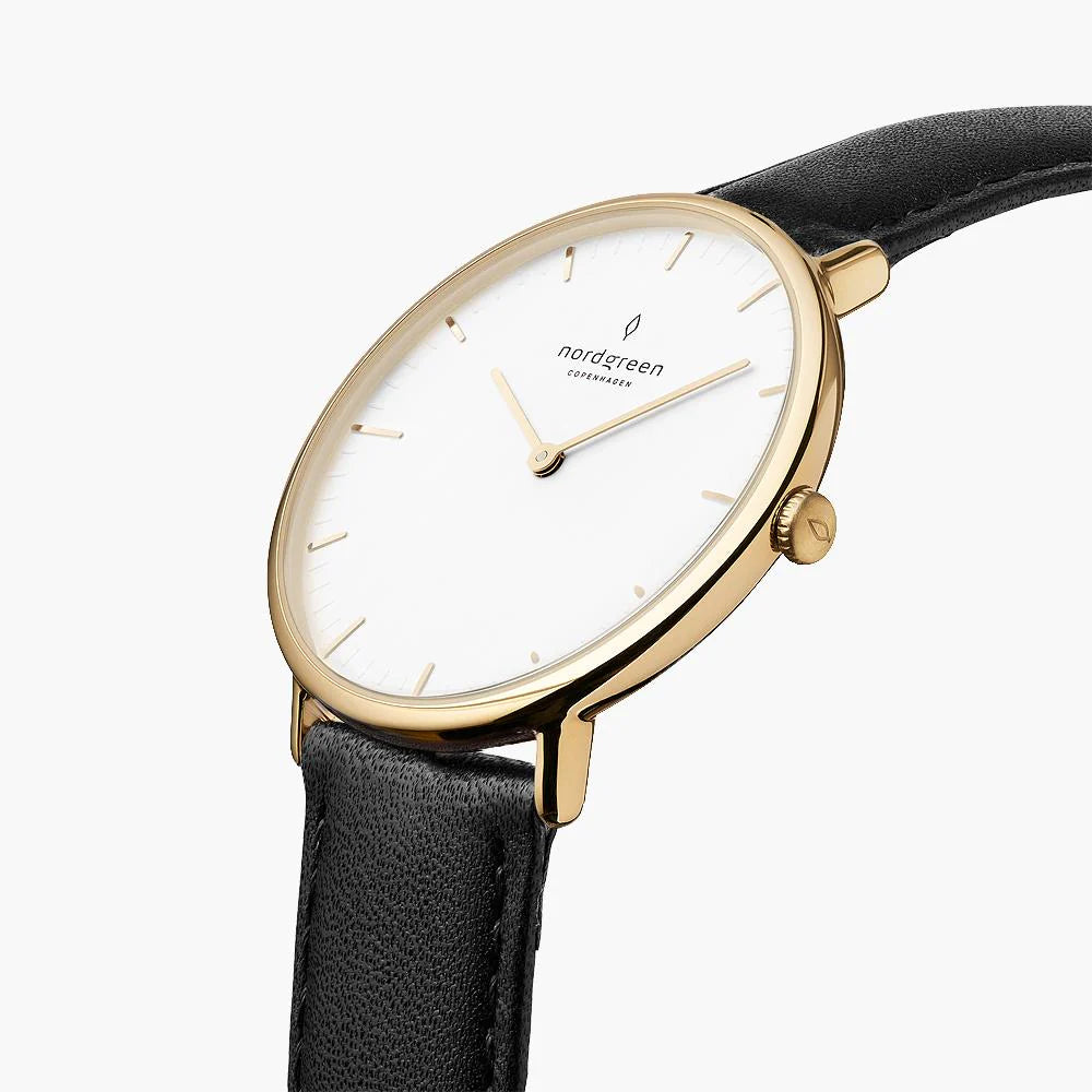 NativeR // 28mm // Gold // Black Leather // White Dial