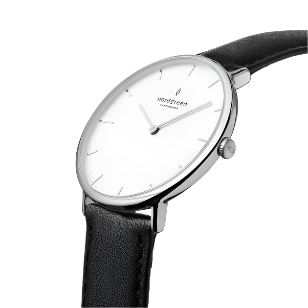 Native White dial - black leather watch strap 28mm / silver fra Nordgreen