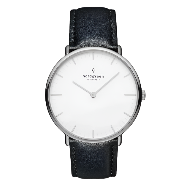Native White dial - black leather watch strap 28mm / silver fra Nordgreen