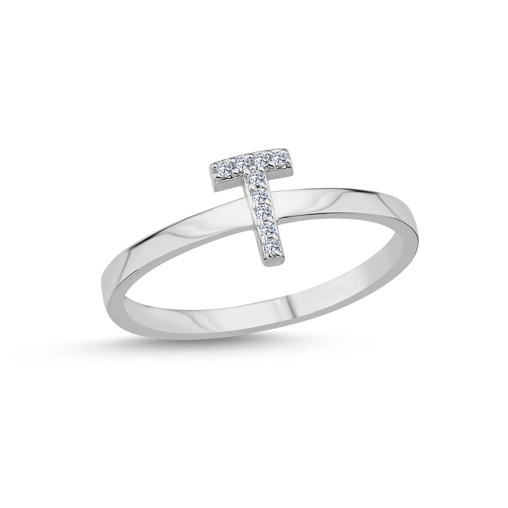 Bogstav ring T m Pavé 9 x 0,005ct. W-si 7mm - 14kt. Hvidgul