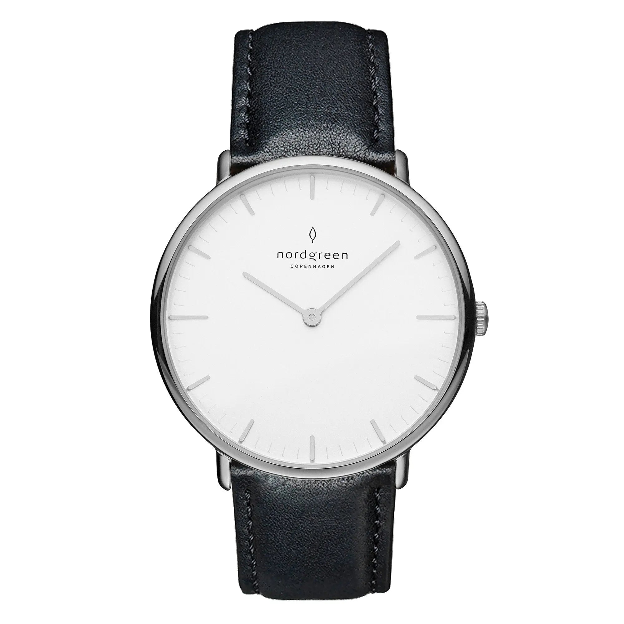 NativeR // 32mm // Silver // Black Leather // White Dial fra Nordgreen