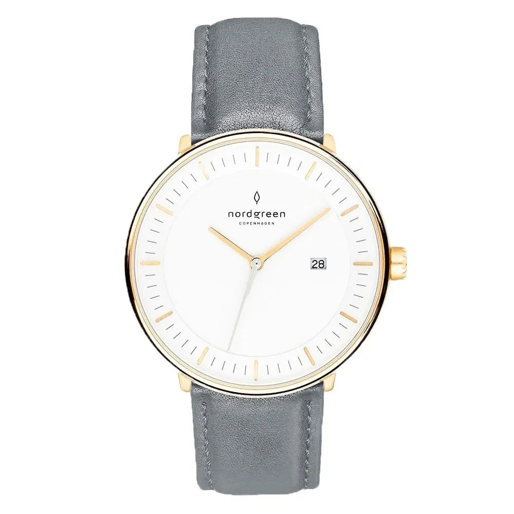 Philosopher // 36mm // Gold // Leather // Grey // White fra Nordgreen