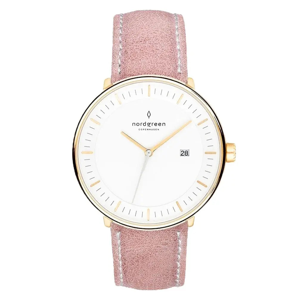 Philosopher // 36mm // Gold // Leather // Pink // White fra Nordgreen